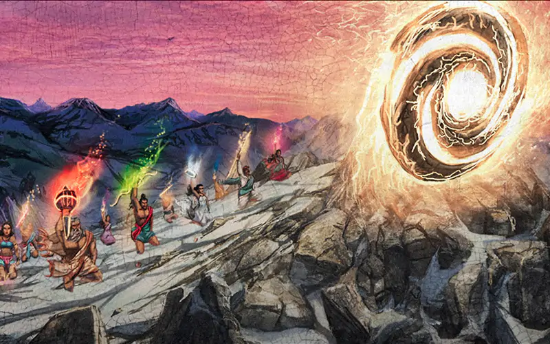 A concept drawing features Indian superheros on a peak in the Himalayas holding aloft colorful "astra" weapons, as a large swirling sphere crackles with energy over them.