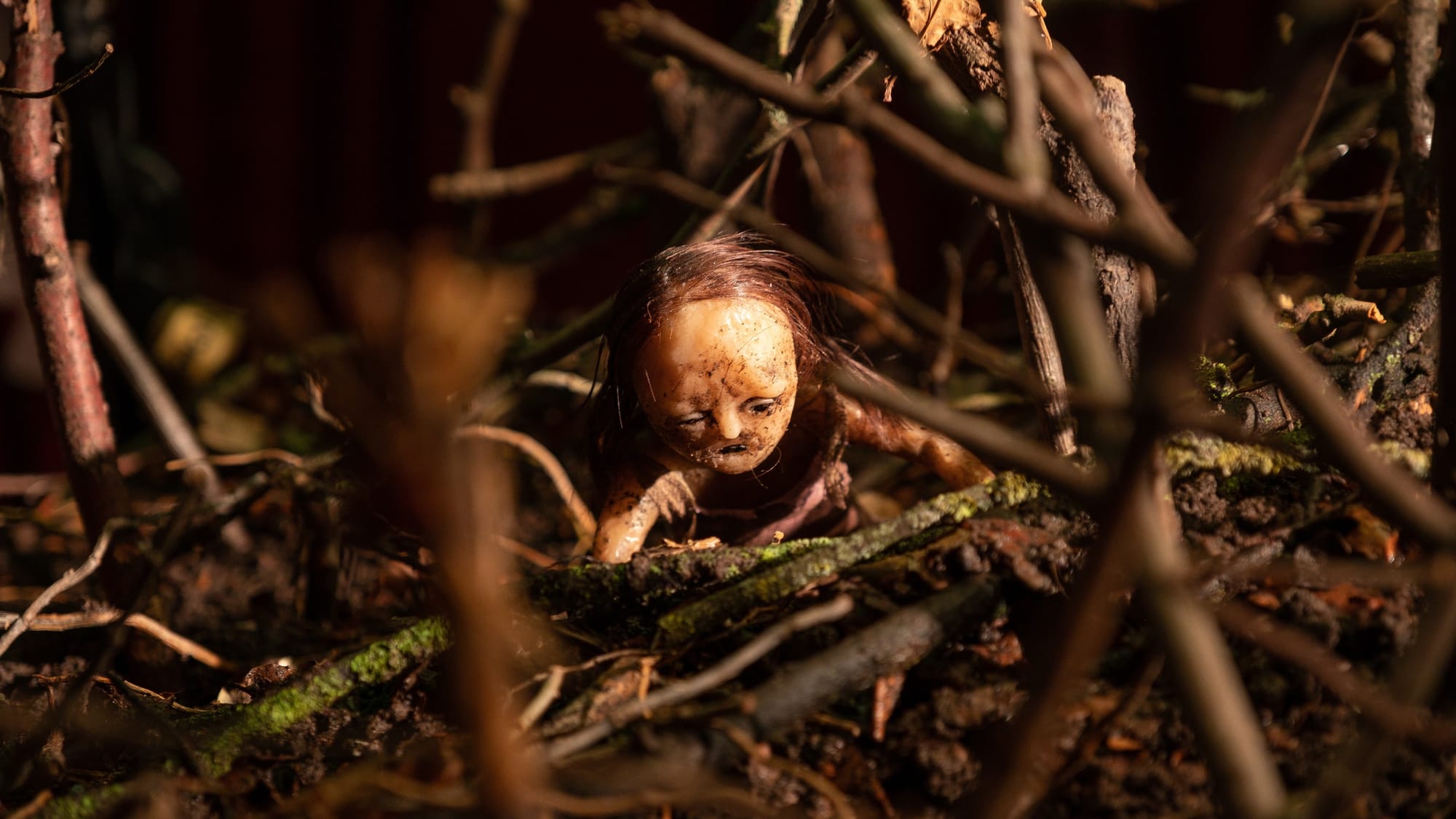 Among twigs, an animated doll of wax and real hair comes to life in Stopmotion. Image courtesy IFC Films